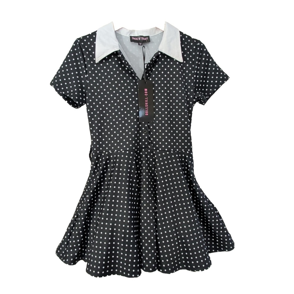 Dolls Kill‎ Trickz N Treatz Whimsigoth Rockabilly Dress M Black Polkadot Retro